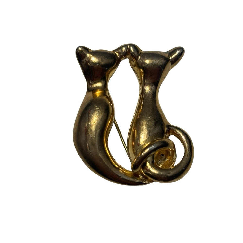 Vintage Gold Tone Shiny Double Kitty Cat Friends Intertwined Tails Brooch Pin